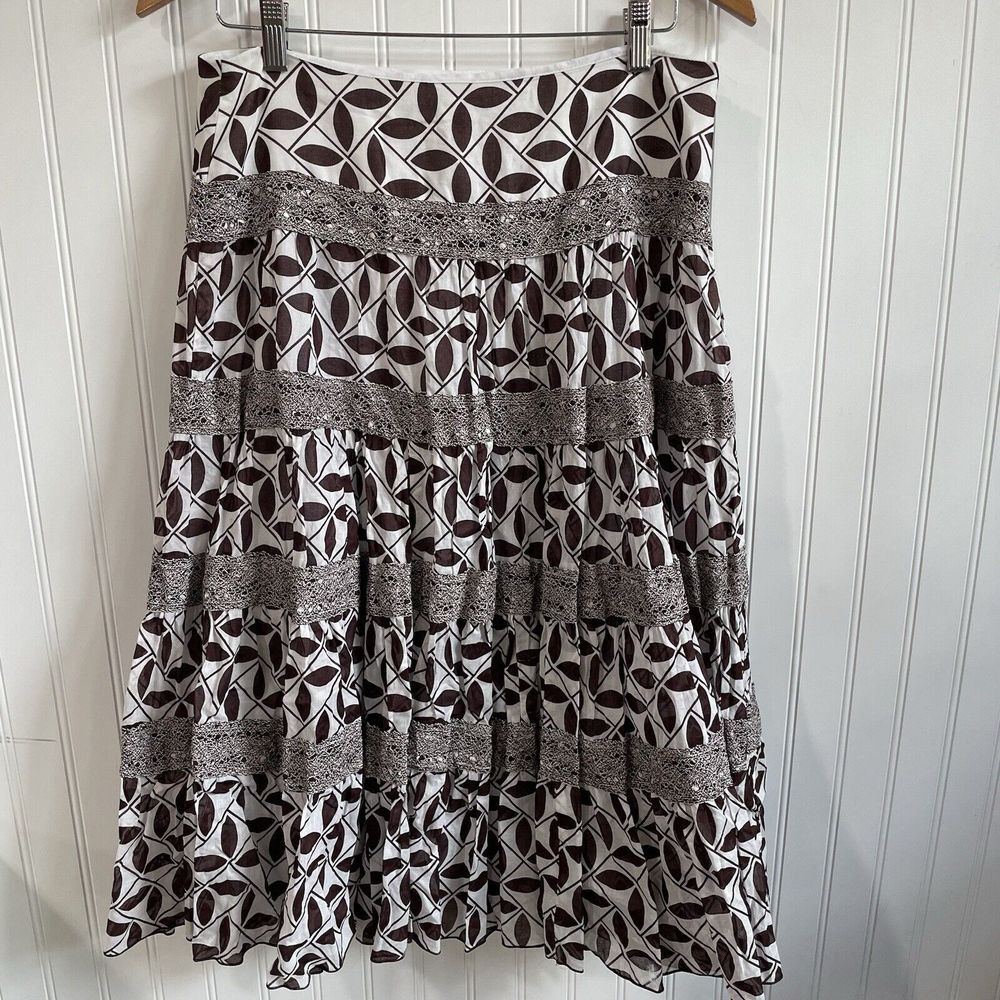Trina Turk Midi Skirt Womens 8 Brown Floral Tiered Crocheted Boho Hippie Beachy